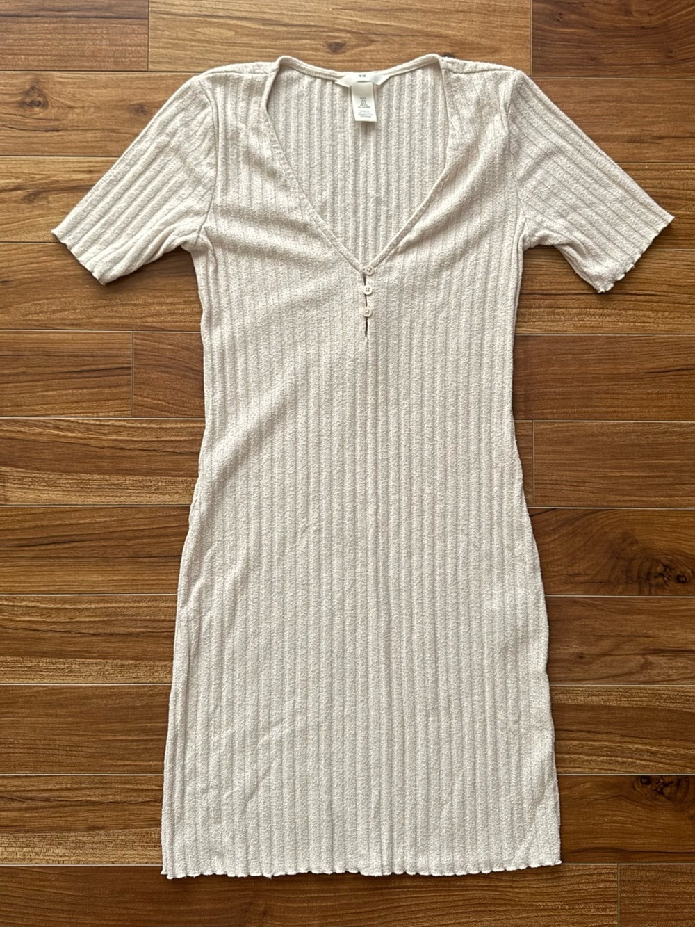 H&M Beige Ribbed Button-Front Short Sleeve Mini Dress Size Small